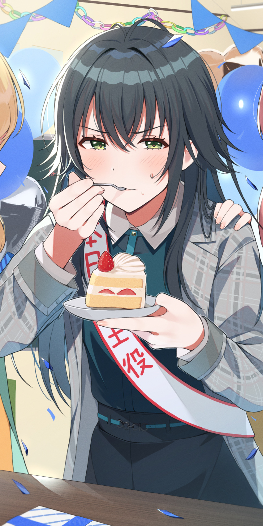 3girls, antenna_hair, balloon, birthday, black_shirt, black_skirt, blush, cake