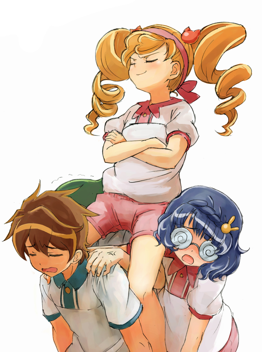 1boy, 2girls, anyamal_tantei_kirumin_zoo, bad_id, carrying, character_request, coke-bottle_glasses, drill_hair