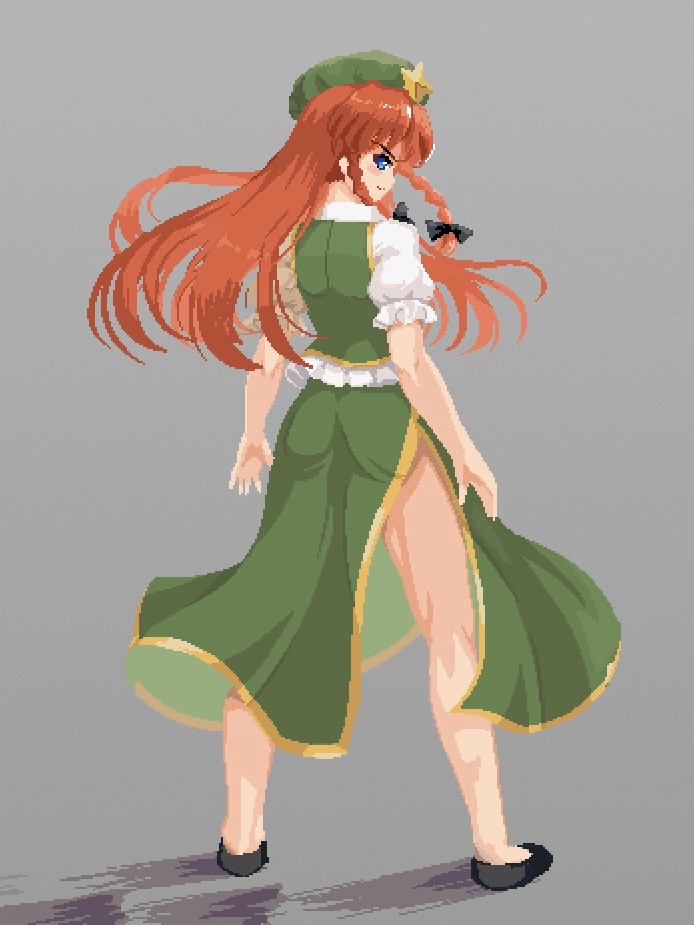 1girl, beret, black_footwear, blue_eyes, braid, dress, edz_drawz, green_dress