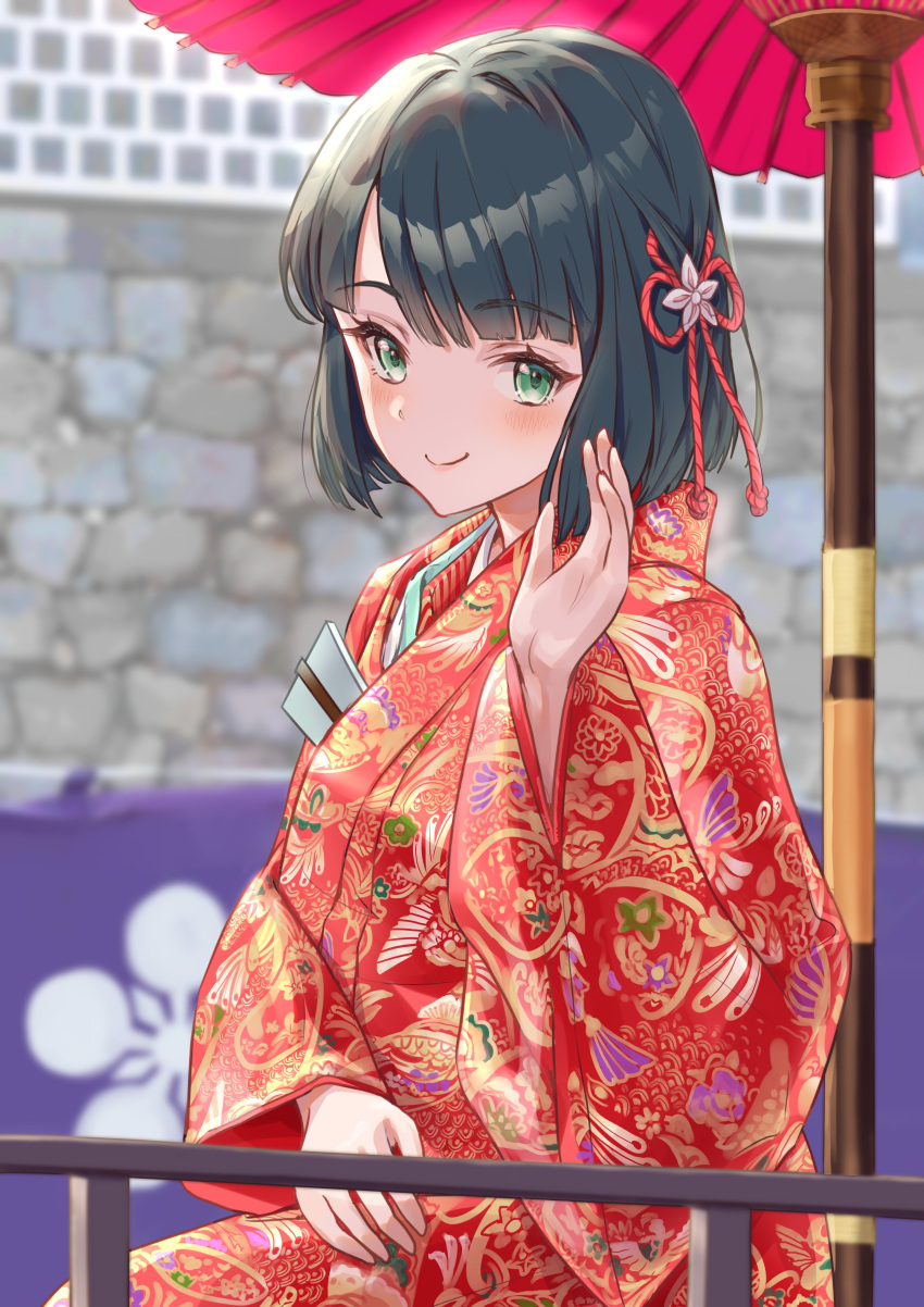 1girl, absurdres, black_hair, blunt_bangs, blunt_ends, blurry, blurry_background, blush