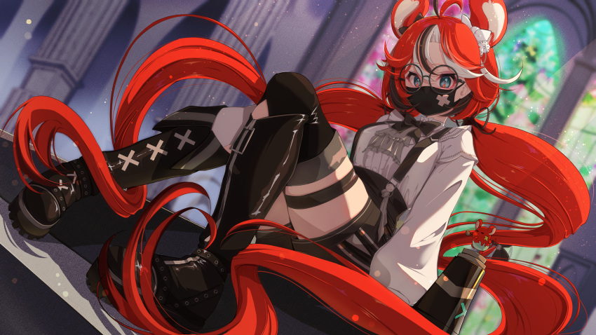 1girl, ahoge, animal_ears, black-framed_eyewear, black_footwear, black_hair, black_shorts, blue_eyes, boots, glasses, hakos_baelz, hakos_baelz_(4th_costume), highres, hiro_(phese), hololive, hololive_english, long_hair, looking_at_viewer, mask, mouse_ears, mouse_girl, mouth_mask, mr._squeaks_(hakos_baelz), multicolored_hair, official_alternate_costume, open_mouth, redhead, shirt, shorts, smile, solo, streaked_hair, suspender_shorts, suspenders, thigh_boots, thigh_strap, twintails, very_long_hair, virtual_youtuber, white_hair, white_shirt