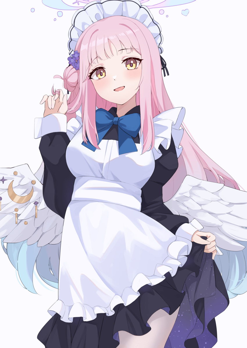 1girl, absurdres, alternate_costume, angel_wings, apron, black_dress, blue_archive, blush