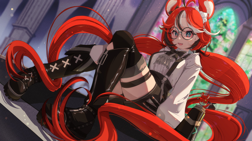 1girl, ahoge, animal_ears, black-framed_eyewear, black_footwear, black_hair, black_shorts, blue_eyes, boots, glasses, hakos_baelz, hakos_baelz_(4th_costume), highres, hiro_(phese), hololive, hololive_english, long_hair, looking_at_viewer, mouse_ears, mouse_girl, mr._squeaks_(hakos_baelz), multicolored_hair, official_alternate_costume, open_mouth, redhead, shirt, shorts, smile, solo, streaked_hair, suspender_shorts, suspenders, thigh_boots, thigh_strap, twintails, very_long_hair, virtual_youtuber, white_hair, white_shirt