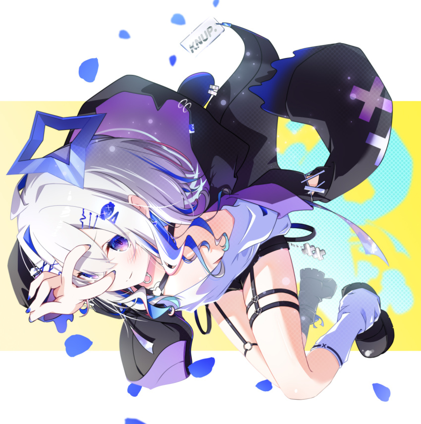 1girl, amane_kanata, amane_kanata_(punk_rock), black_footwear, black_jacket, black_shorts, blue_hair, blue_nails