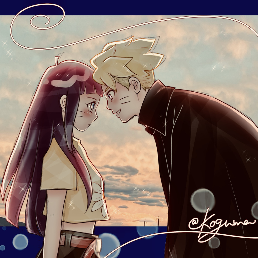 1boy, 1girl, ahoge, bent_over, black_cloak, black_hair, black_pants, blonde_hair, blue_eyes, boruto:_naruto_next_generations, brother_and_sister, cloak, facial_mark, highres, koguma_05, long_hair, looking_at_viewer, midriff_peek, naruto_(series), pants, shirt, short_hair, siblings, twitter_username, uzumaki_boruto, uzumaki_himawari, whisker_markings, yellow_shirt