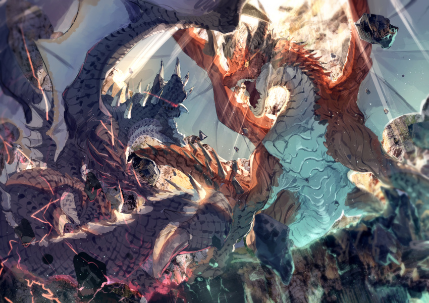absurdres, alatreon, black_scales, dragon, dragon_horns, dragon_tail, electricity, glowing