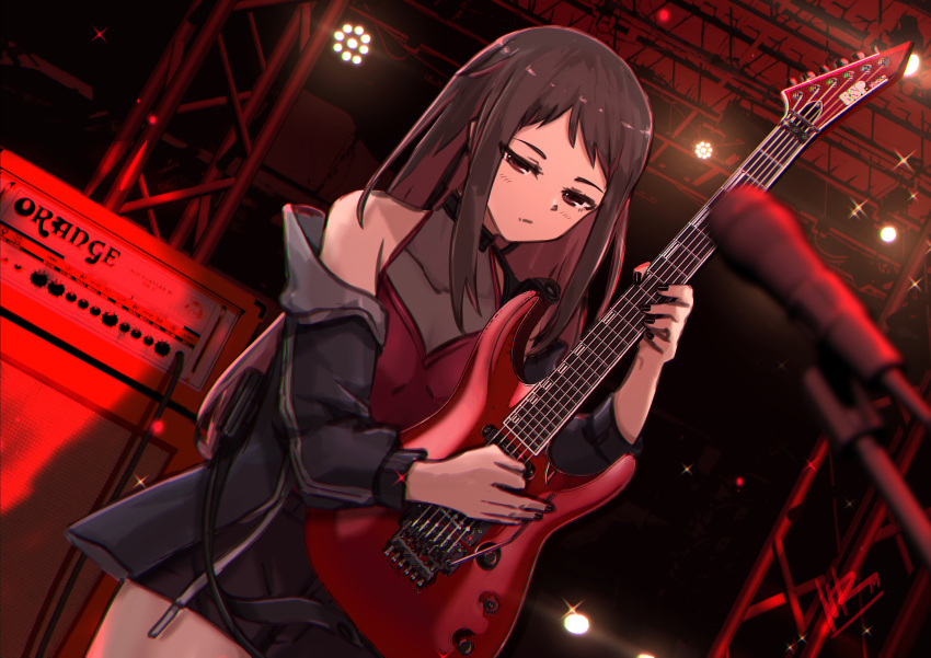 1girl, absurdres, amplifier, black_hair, black_jacket, black_nails, black_shorts, blurry, blush, closed_mouth, commentary, covered_collarbone, depth_of_field, english_commentary, esp_guitars, girls_band_cry, guitar, highres, holding, holding_guitar, holding_instrument, instrument, jacket, long_hair, microphone_stand, mixed-language_commentary, nail_polish, nanoram, off_shoulder, red_eyes, red_shirt, red_theme, rin_(girls_band_cry), shirt, shorts, sidelocks, sleeveless, sleeveless_shirt, solo, sparkle, stage_lights