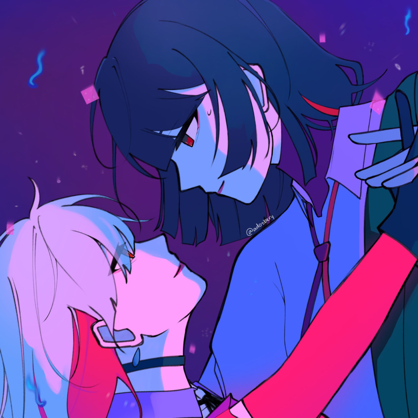 2girls, ado_(utaite), black_choker, black_gloves, black_hair, blu_(adosbery), choker, closed_mouth