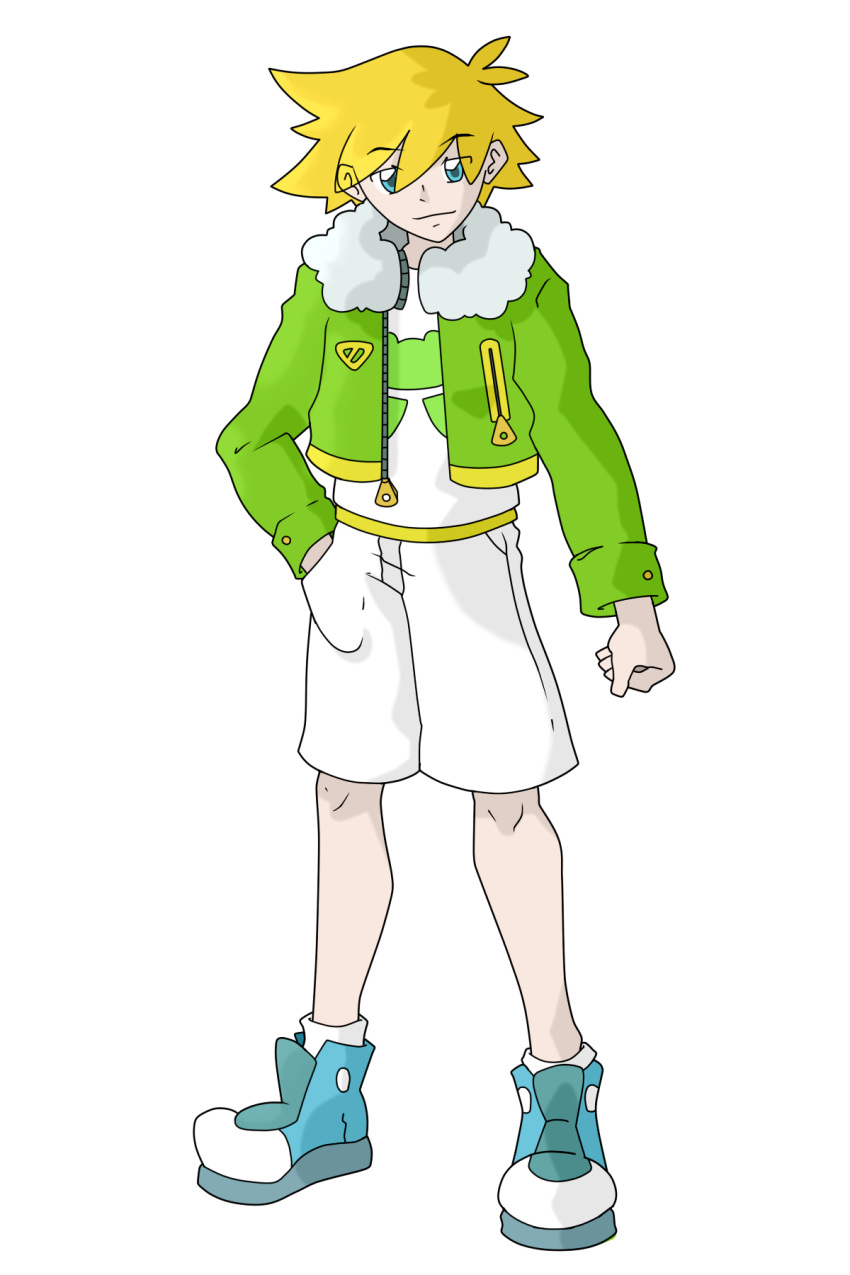 blonde, blonde_hair, boy, green_jacket, instagram_username, jhonnyboyarts, nintendo, original_character, pokemon, pokemon_(creature), pokemon_trainer, shorts, trainers