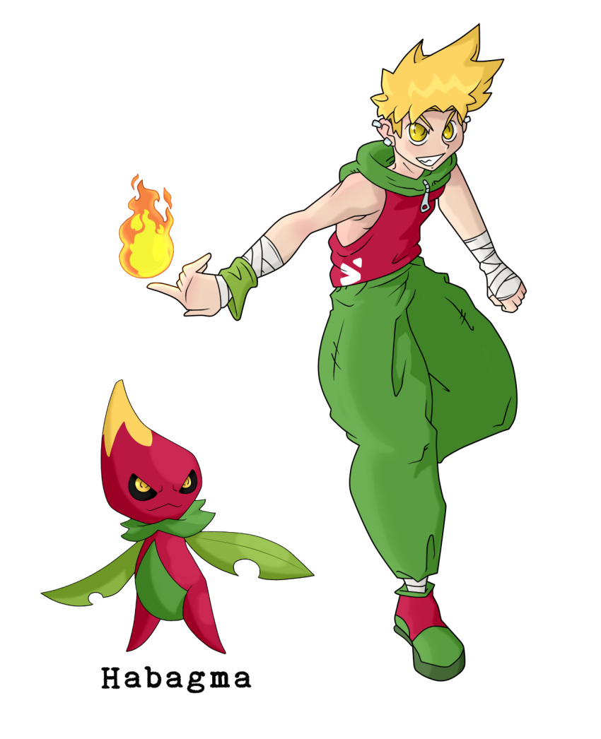 blonde_hair, boy, fakemon, fakemon_(creature), fire, gijinka, instagram_username, jhonnyboyarts