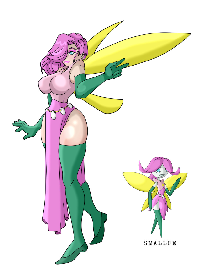 1girl, breasts, dress, exposed_breasts, fairy, fairy_wings, fakemon, fakemon_(creature), gijinka, hot, humanized, instagram_username, jhonnyboyarts, pink_hair, pokemon, pokemon_(creature), sexy, solo, tagme