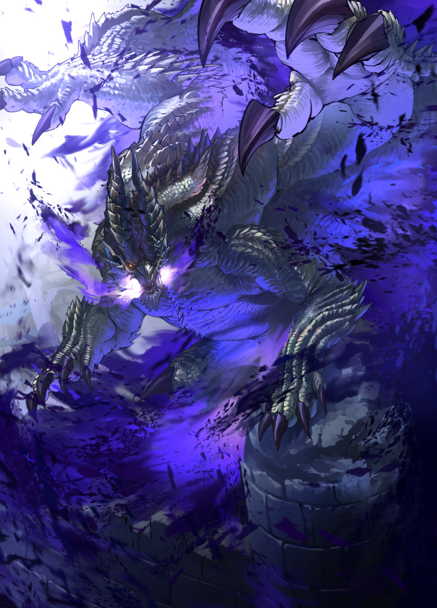 claws, creature, dragon, dragon_horns, dragon_wings, glowing, glowing_eye, glowing_mouth, gradient_background, highres, horns, monster, monster_hunter_(series), scales, shagaru_magala, spikes, subbaru, tail, western_dragon, wings