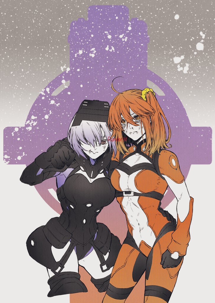 2girls, ahoge, ass_visible_through_thighs, belt, bruise, fate/grand_order, fate_(series), fujimaru_ritsuka_(female), gloves, gorget, head-mounted_display, headset, injury, mash_kyrielight, medium_hair, multiple_girls, orange_hair, purple_hair, ranrander, scrunchie, side_ponytail, skin_tight, tassets, violet_eyes