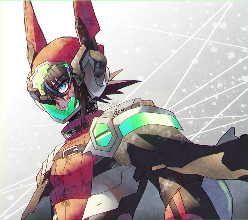 1boy, black_cape, black_hair, blaster_master_zero, blood, blood_on_face, blue_eyes, blue_hair
