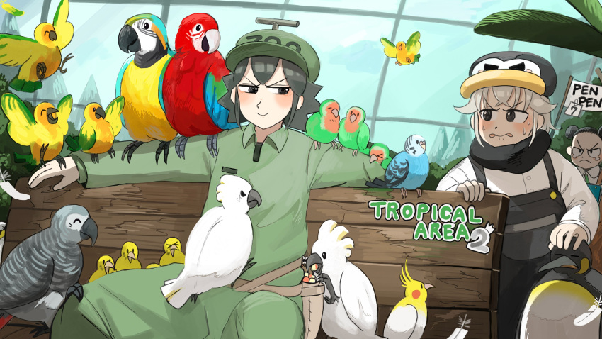 3girls, absurdres, aqua_hair, bench, bird, black_hair, black_overalls, black_scarf, cockatoo, diva_(hyxpk), double_bun, doughnut_stamp, duck, english_commentary, green_jacket, green_pants, grey_hair, hair_bun, hat, highres, jacket, king_penguin, multiple_girls, on_bench, overalls, pants, parrot, parrot_keeper_(diva), penguin, penguin_hat, penguin_keeper_(diva), scarf, shirt, short_hair, sitting, survey_girl_(diva), white_shirt, wooden_bench, zoo, zookeeper, zookeepers_(diva)