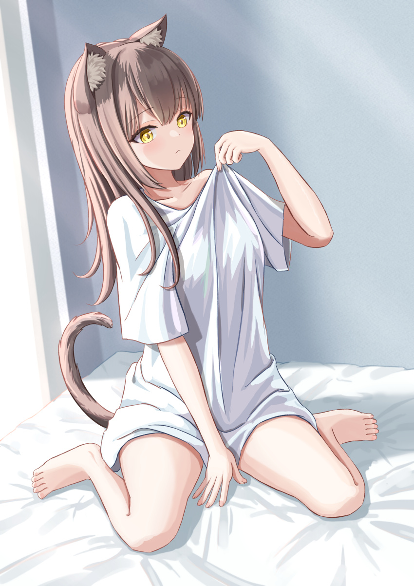 1girl, absurdres, animal_ear_fluff, animal_ears, bare_legs, barefoot, between_legs, brown_hair