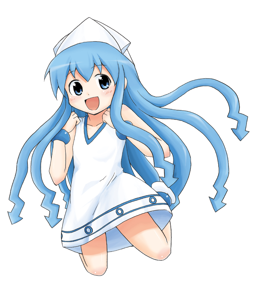 blue_hair, dress, hat, ikamusume, jumping, long_hair, norio_minami, shinryaku!_ikamusume, solo, tentacle_hair, tentacles