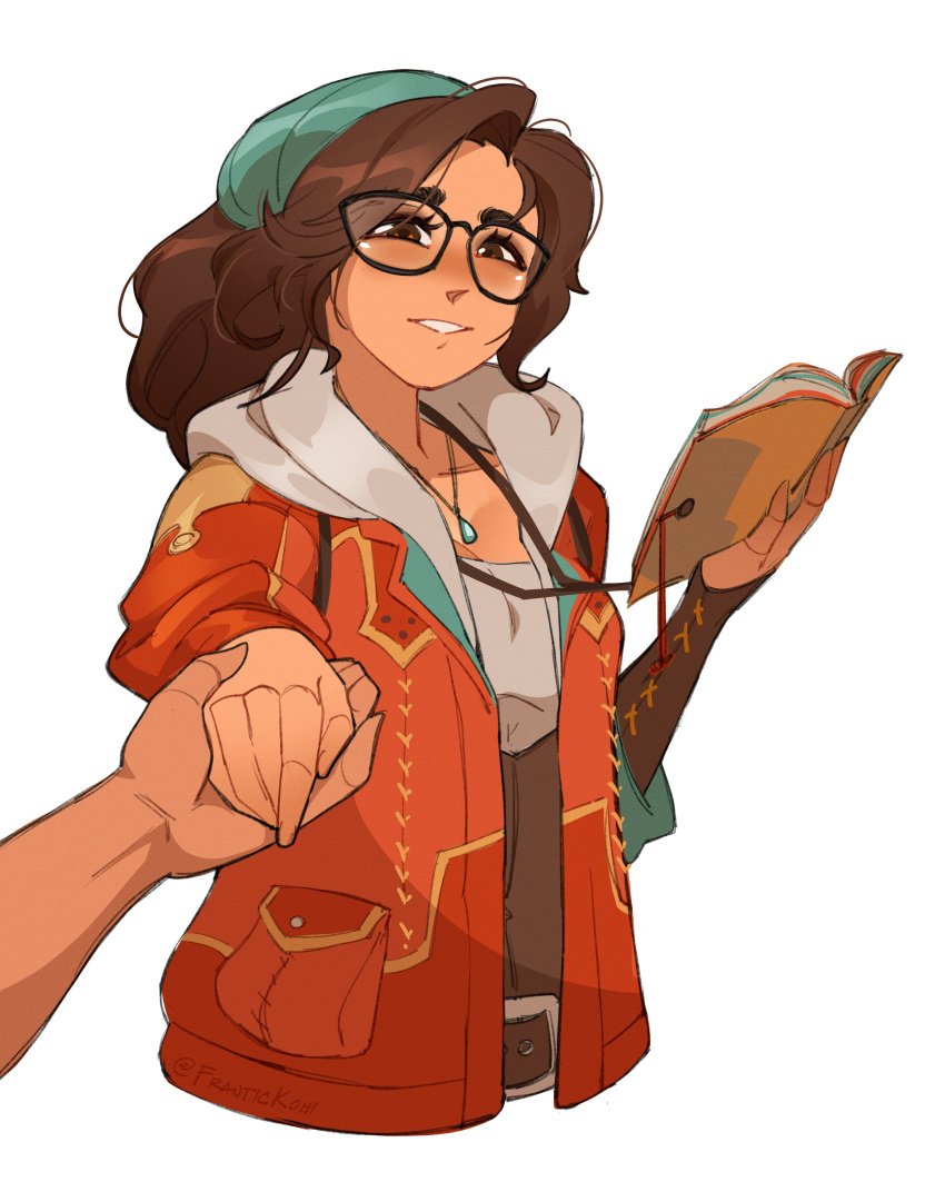 absurdres, alma_(monster_hunter_wilds), bandana, black-framed_eyewear, book, brown_eyes, brown_hair, frantic_(frantickohi)