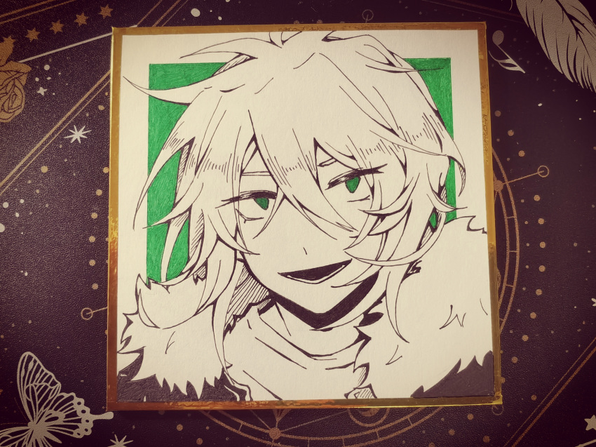1boy, absurdres, ballpoint_pen_(medium), chinese_commentary, commentary_request, fur-trimmed_jacket, fur_trim, green_background