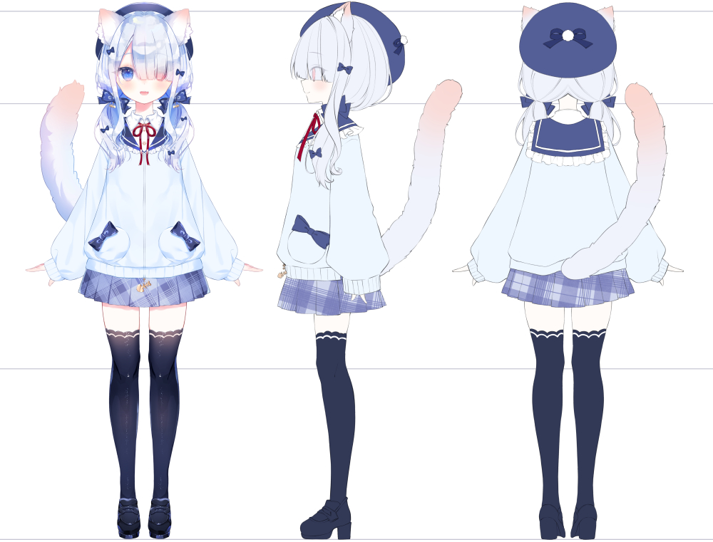 0_0, 1girl, animal_ears, arisugawa_etona, beret, black_footwear, black_thighhighs, blue_beret, blue_bow, blue_hair, blue_hat, blue_jacket, blue_sailor_collar, blue_skirt, blue_tail, blunt_bangs, blush, bow, cat_ears, cat_girl, cat_tail, collared_jacket, collared_shirt, eyes_visible_through_hair, fang, fish_skeleton_hair_ornament, frilled_sailor_collar, frills, gradient_tail, hair_bow, hair_over_one_eye, hat, heterochromia, indie_virtual_youtuber, jacket, kotamun, letterboxed, light_blue_hair, loafers, long_sleeves, looking_at_viewer, low_twintails, medium_hair, multiple_hair_bows, multiple_views, neck_ribbon, official_art, plaid, plaid_skirt, pleated_skirt, pocket_bow, puffy_long_sleeves, puffy_sleeves, red_eyes, red_ribbon, reference_sheet, ribbon, sailor_collar, second-party_source, shirt, shoes, skin_fang, skirt, sleeves_past_wrists, smile, tail, thigh-highs, turnaround, twintails, unmoving_pattern, virtual_youtuber, white_background, white_shirt, wing_collar, zettai_ryouiki, zipper_pull_tab