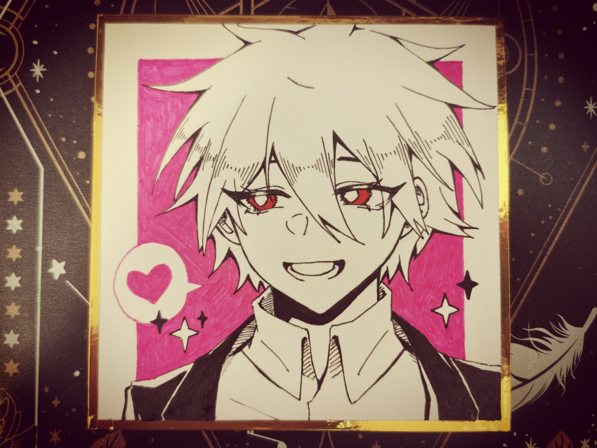 1boy, absurdres, ballpoint_pen_(medium), chinese_commentary, collared_shirt, commentary_request, greyscale_with_colored_background, hair_between_eyes