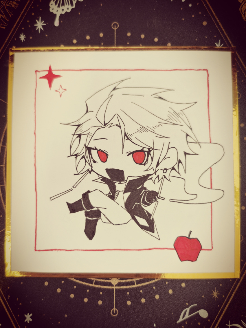 1boy, absurdres, apple, ballpoint_pen_(medium), boots, chibi, chibi_only, chinese_commentary