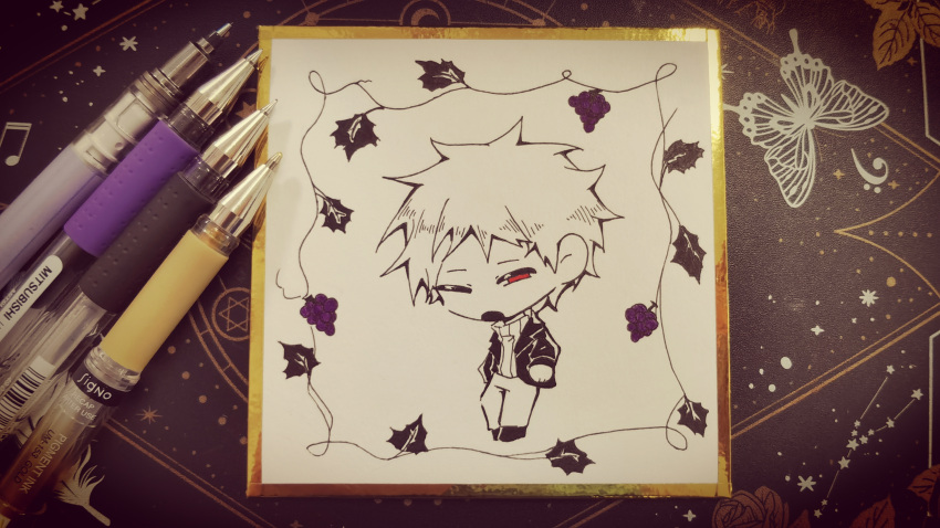1boy, absurdres, art_tools_in_frame, atou_haruki, ballpoint_pen_(medium), chibi, chibi_only, chinese_commentary