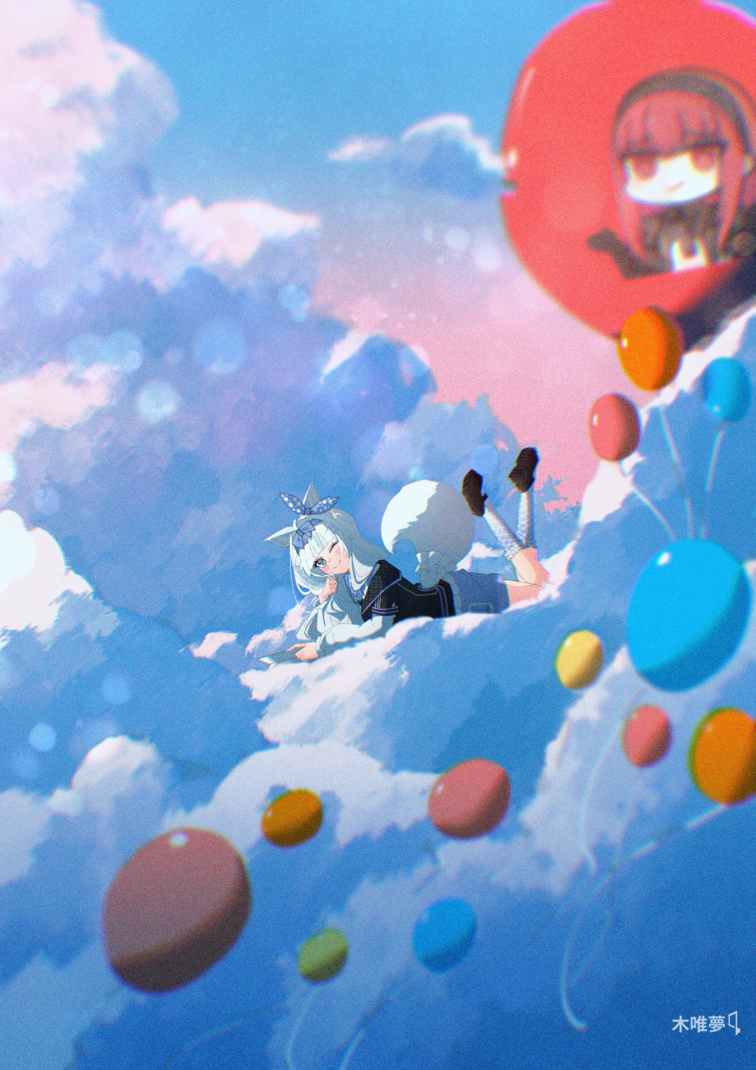 1girl, absurdres, animal_ears, balloon, black_jacket, blue_bow, blue_hairband, blue_ribbon