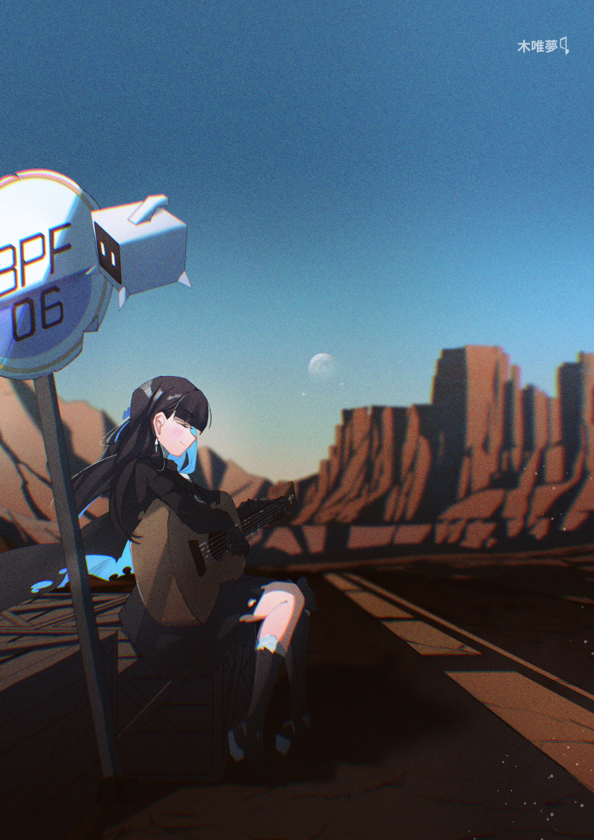 1girl, absurdres, black_dress, black_hair, blue_hair, chromatic_aberration, closed_eyes, closed_mouth