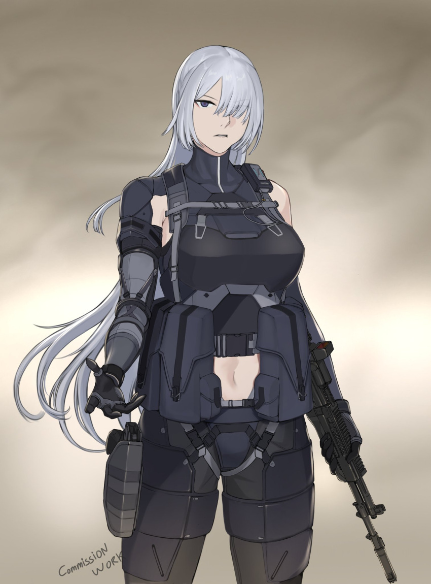 1girl, ak-15, ak-15_(girls'_frontline), armor, assault_rifle, commission, cowboy, english_commentary