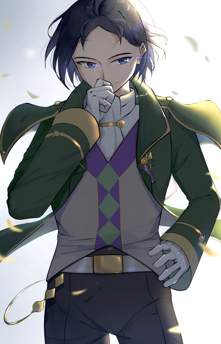 1boy, absurdres, ahoge, blue_eyes, cheren_(champion)_(pokemon), cheren_(pokemon), cowboy_shot, gloves