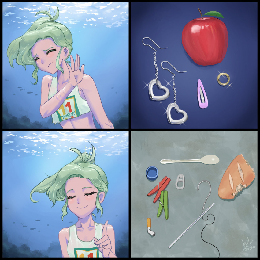 1girl, apple, aqua_hair, baguette, bottle_cap, bread, can_pull_tab, capoeira66