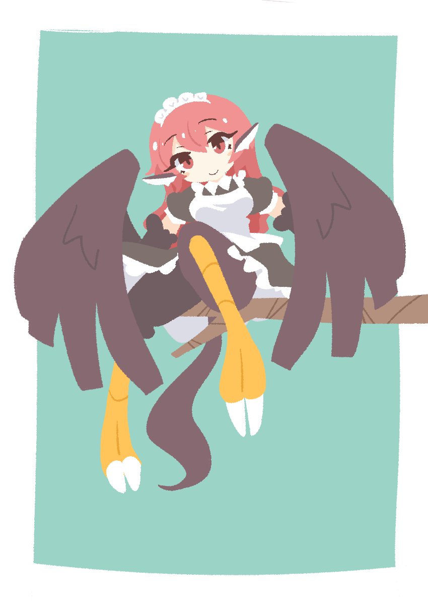 1girl, animal_ears, big_o_pants, bird_ears, bird_legs, bird_tail, black_dress, black_feathers, black_wings, blush_stickers, commentary_request, dress, feathers, fio-chan_(big_o_pants), green_background, hair_between_eyes, harpy, highres, long_hair, looking_at_viewer, maid, maid_headdress, monster_girl, original, red_eyes, redhead, sitting, sitting_on_branch, smile, solo, tail, talons, white_background, winged_arms, wings