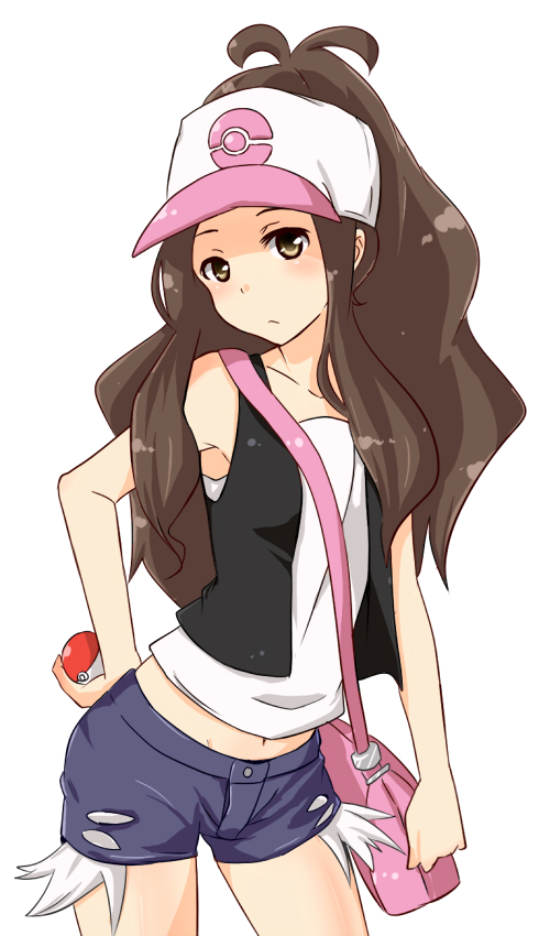 antenna_hair, bag, baseball_cap, cap, denim, denim_shorts, hand_on_hip, hat, holding, holding_poke_ball, long_hair, michigan, nintendo, poke_ball, pokemon, pokemon_(game), pokemon_black_and_white, pokemon_bw, short_shorts, shorts, simple_background, touko_(pokemon), vest