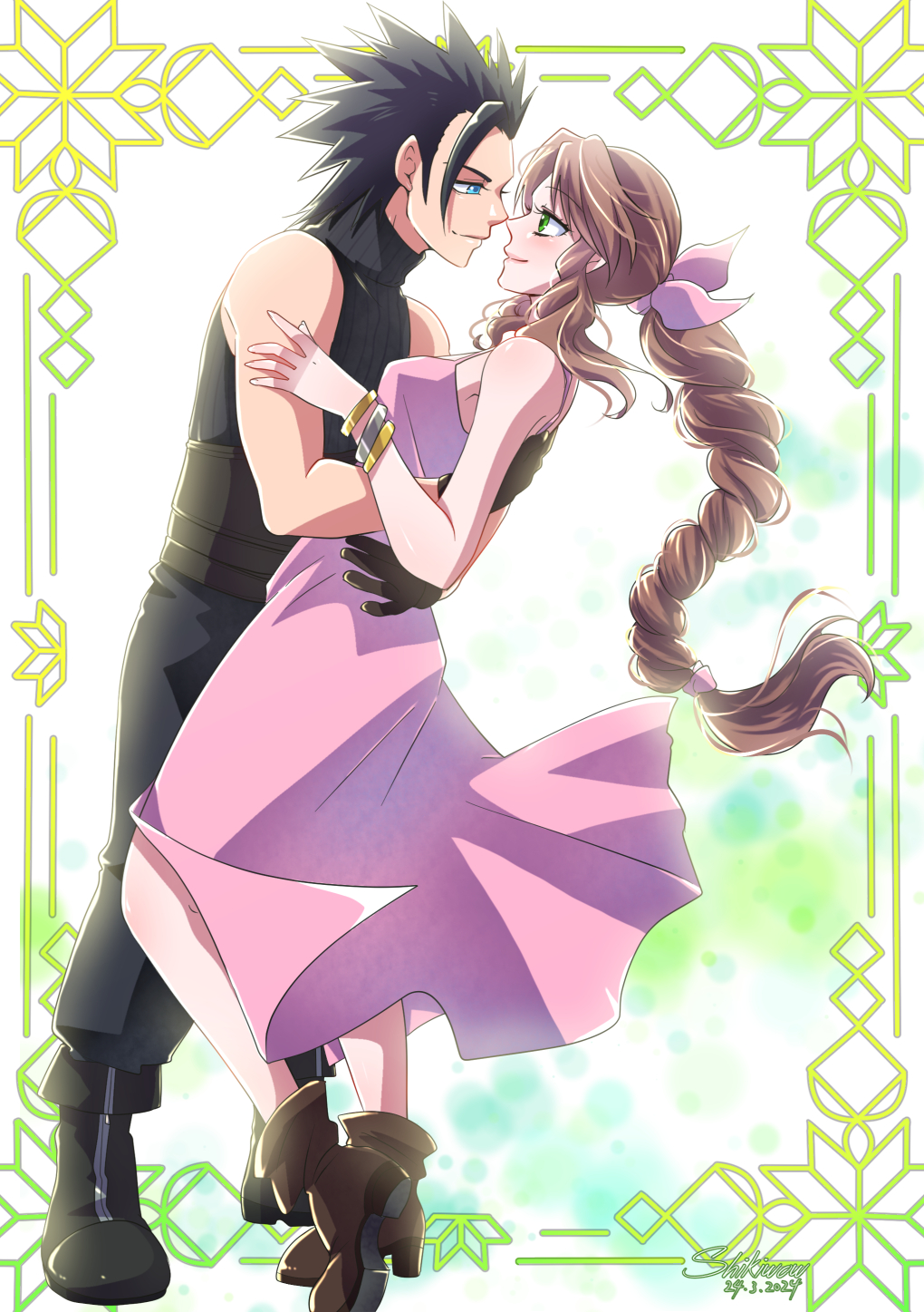1boy, 1girl, aerith_gainsborough, bangle, bare_shoulders, black_gloves, blue_eyes, boots, bracelet, braid, braided_ponytail, breasts, brown_footwear, brown_hair, closed_mouth, couple, crisis_core_final_fantasy_vii, dress, drill_hair, drill_sidelocks, eye_contact, final_fantasy, final_fantasy_vii, final_fantasy_vii_rebirth, final_fantasy_vii_remake, from_side, full_body, gloves, green_eyes, highres, hug, jewelry, leaning_forward, long_dress, long_hair, looking_at_another, medium_breasts, parted_bangs, pink_dress, profile, shikiwo, short_hair, sidelocks, sleeveless, sleeveless_turtleneck, smile, spiky_hair, standing, sweater, turtleneck, turtleneck_sweater, zack_fair