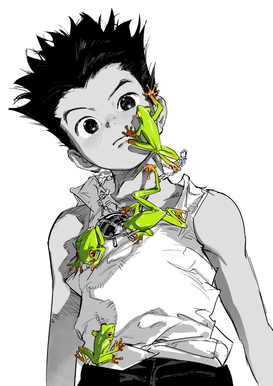 1boy, animal, animal_on_chest, animal_on_face, atie1225, bare_arms, closed_mouth, commentary