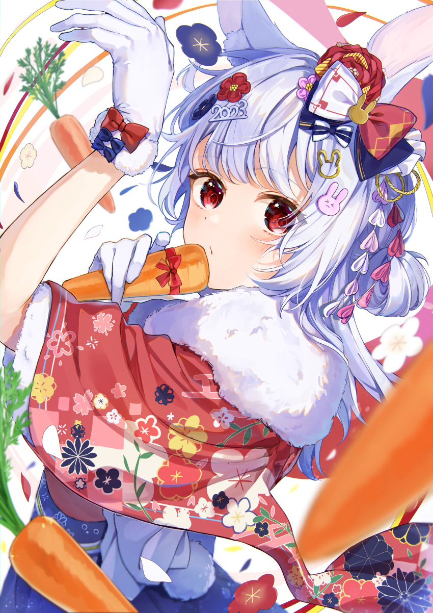 1girl, absurdres, animal_ears, carrot, chinese_zodiac, closed_mouth, food, hair_ornament