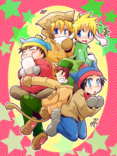 4boys, anger_vein, animal_ears, animal_hands, animal_hat, animal_hood, beanie, biting, black_hair, blonde_hair, blue_eyes, brown_hair, cat_hat, cat_hood, clenched_teeth, closed_eyes, commentary, ear_biting, eating, eric_cartman, food, fur-trimmed_hood, fur_trim, gloves, hat, hood, hood_up, hooves, jacket, kenny_mccormick, kyle_broflovski, long_sleeves, male_focus, marshmallow, multiple_boys, open_mouth, pants, paw_gloves, paw_shoes, pom_pom_(clothes), pom_pom_beanie, rabbit_ears, red_eyes, redhead, sakurapanda, south_park, stan_marsh, star_(symbol), tail, teeth