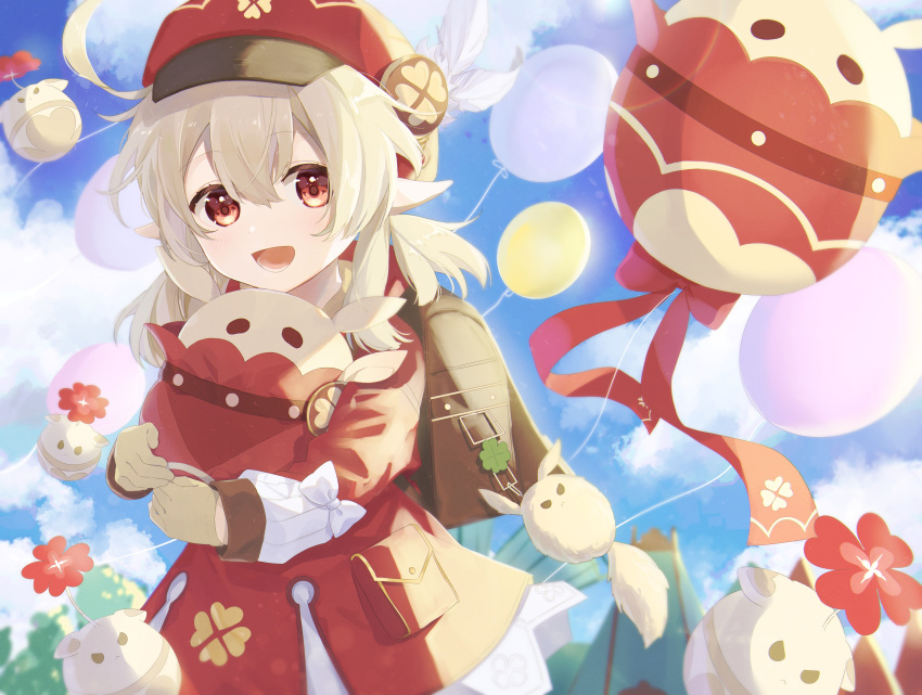 1girl, absurdres, backpack, bag, balloon, blonde_hair, day, feathers