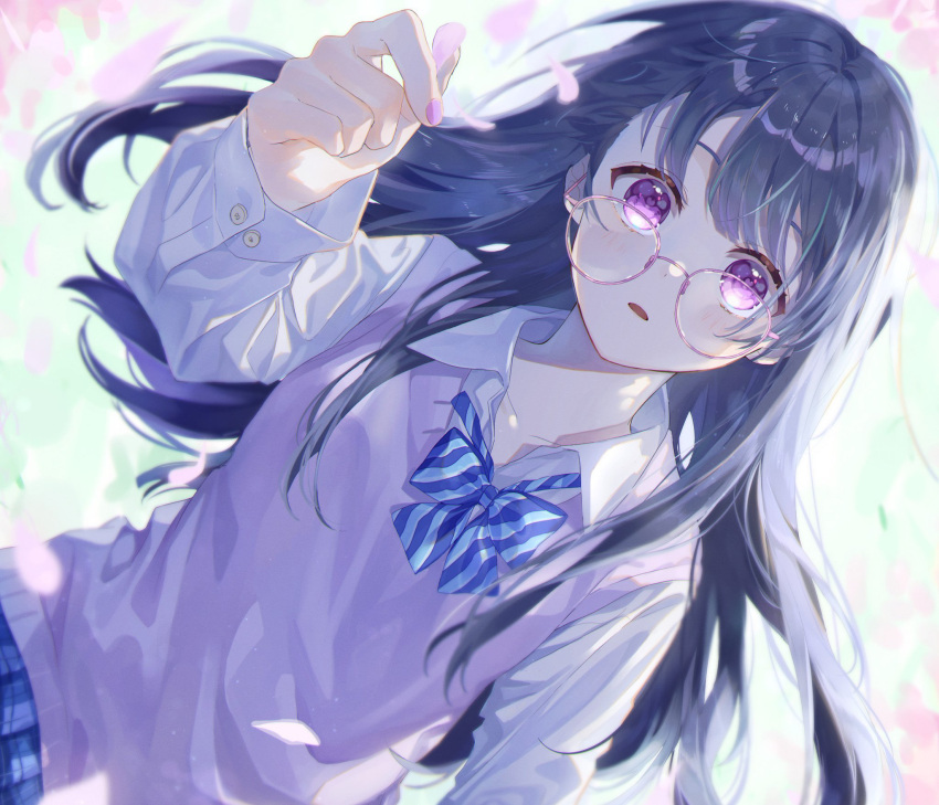 1girl, bespectacled, black_hair, cardigan_vest, dutch_angle, falling_petals, glasses, highres