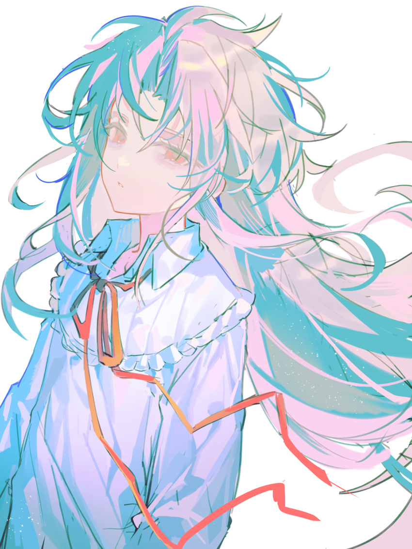 1boy, chinese_commentary, collared_shirt, commentary_request, frills, hatsutori_hajime, highres, long_hair, long_sleeves, male_focus, maoji_zhaoyong, neck_ribbon, open_collar, parted_bangs, parted_lips, pink_hair, red_eyes, red_ribbon, ribbon, saibou_shinkyoku, shirt, simple_background, solo, upper_body, white_background, white_shirt