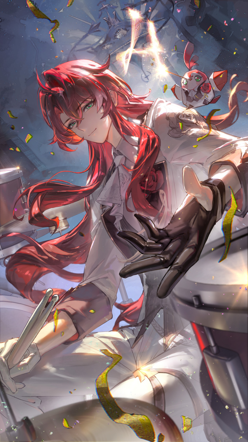 1boy, absurdres, androgynous, argenti_(honkai:_star_rail), argenti_(star_rail_live_2024)_(honkai:_star_rail), ascot, asymmetrical_gloves, bishounen, black_gloves, boutonniere, collared_jacket, confetti, drum, drum_set, feet_out_of_frame, floating_hair, from_side, glint, gloves, green_eyes, highres, holding, honkai:_star_rail, honkai_(series), instrument, jacket, long_hair, looking_at_viewer, male_focus, mismatched_gloves, official_alternate_costume, official_art, origami_bird_(honkai:_star_rail), pants, partially_fingerless_gloves, reaching, reaching_towards_viewer, redhead, second-party_source, sitting, smile, solo, white_ascot, white_gloves, white_jacket, white_pants, yunmaojan