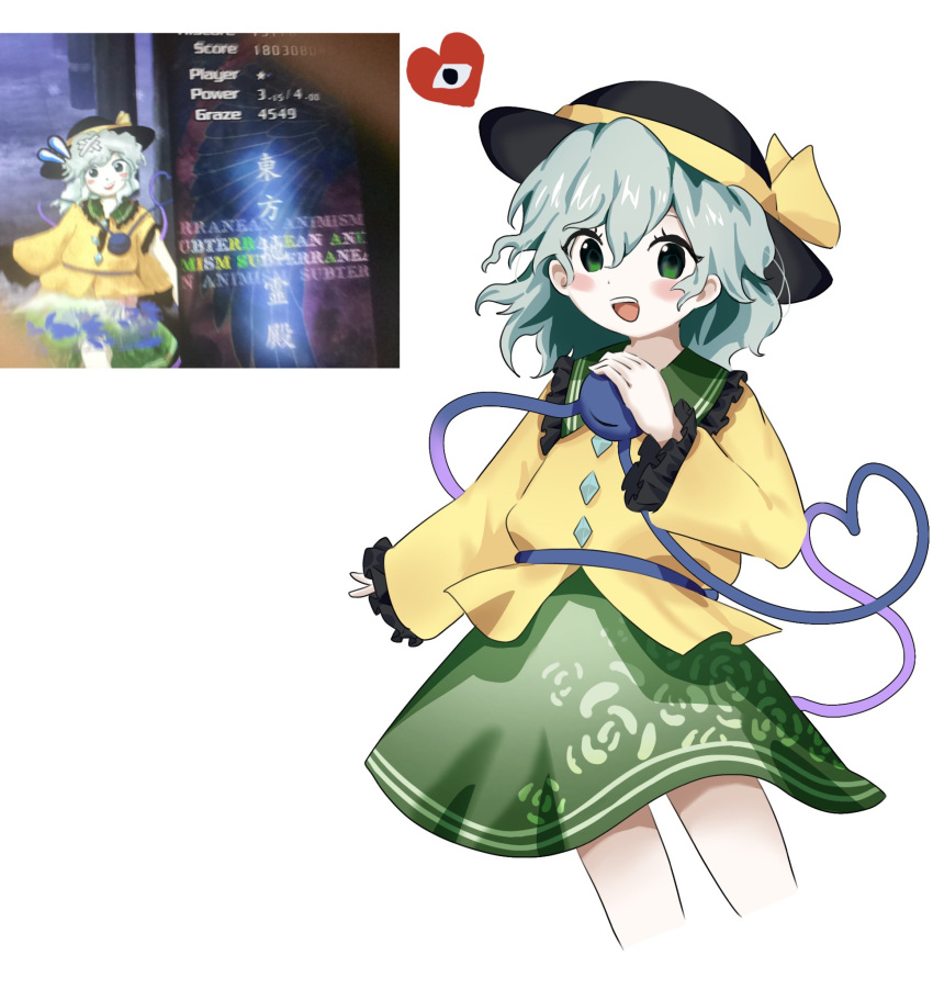 1girl, aqua_hair, black_hat, collared_shirt, cowboy_shot, floral_print, floral_print_skirt, frilled_shirt