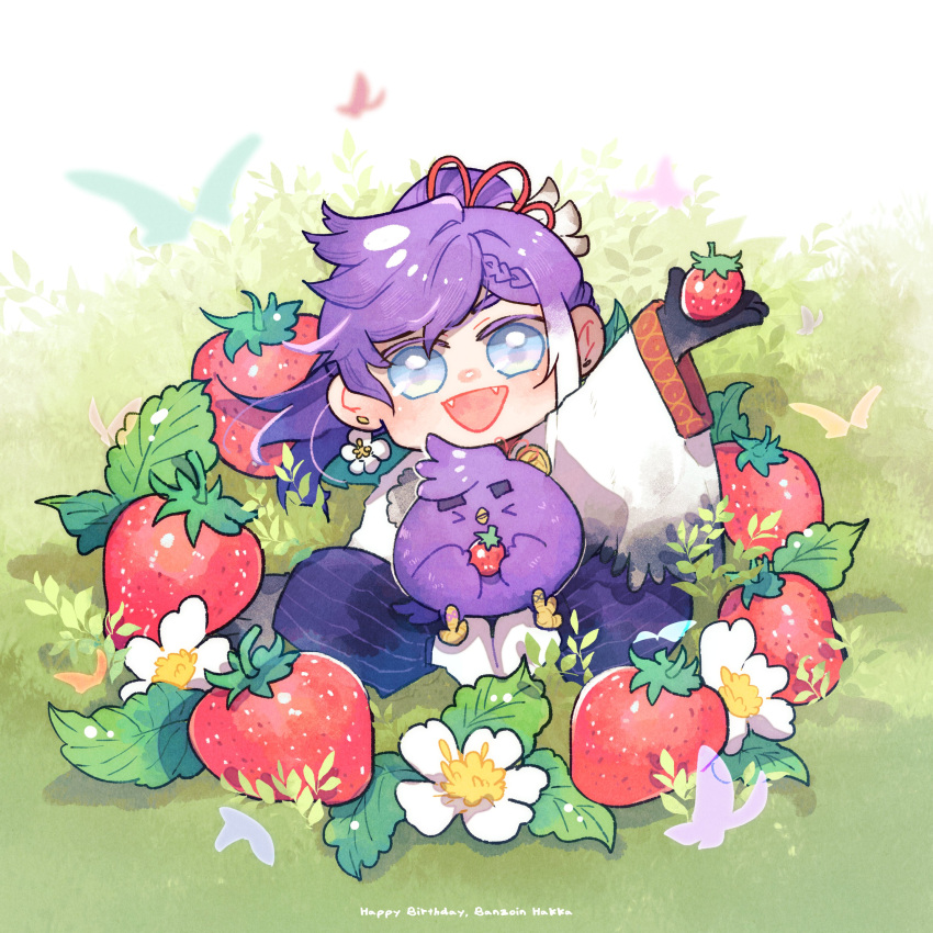 1boy, :d, absurdres, banzoin_hakka, black_skin, blue_eyes, bug, butterfly