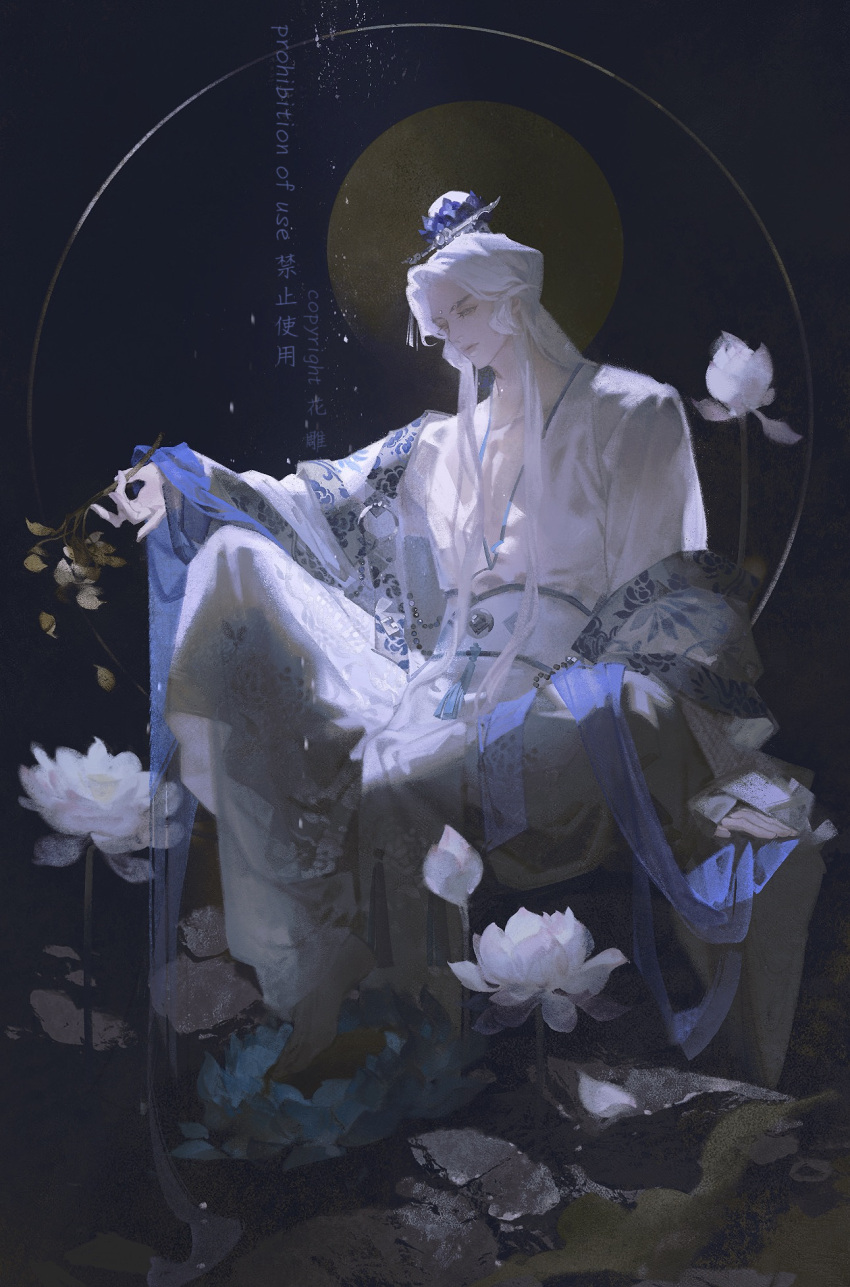 1boy, bishounen, black_background, blue_flower, branch, bud, character_request, chinese_clothes