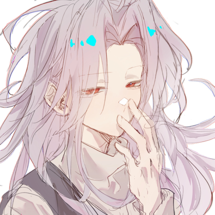 1boy, black_vest, commentary, eyes_visible_through_hair, finger_to_mouth, grey_sweater, hatsutori_hajime, highres