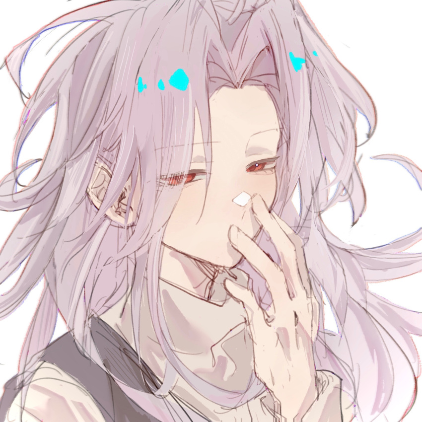 1boy, black_vest, commentary, eyes_visible_through_hair, finger_to_mouth, grey_sweater, hatsutori_hajime, highres