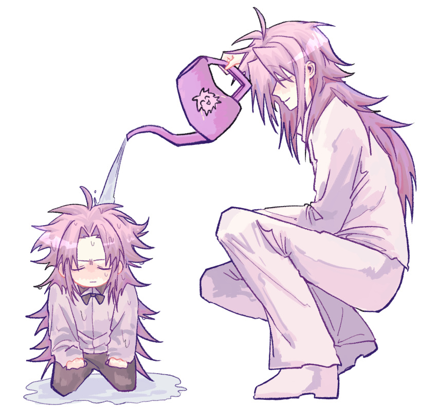 2boys, ahoge, black_bow, black_bowtie, black_pants, bow, bowtie, chinese_commentary, closed_eyes, closed_mouth, collared_shirt, commentary_request, dual_persona, hatsutori_hajime, highres, holding, holding_watering_can, kfccrazythursday, kneeling, long_hair, long_sleeves, male_focus, multiple_boys, pants, parted_bangs, pink_hair, red_eyes, saibou_shinkyoku, shirt, simple_background, smile, squatting, time_paradox, watering, watering_can, white_background, white_footwear, white_pants, white_shirt