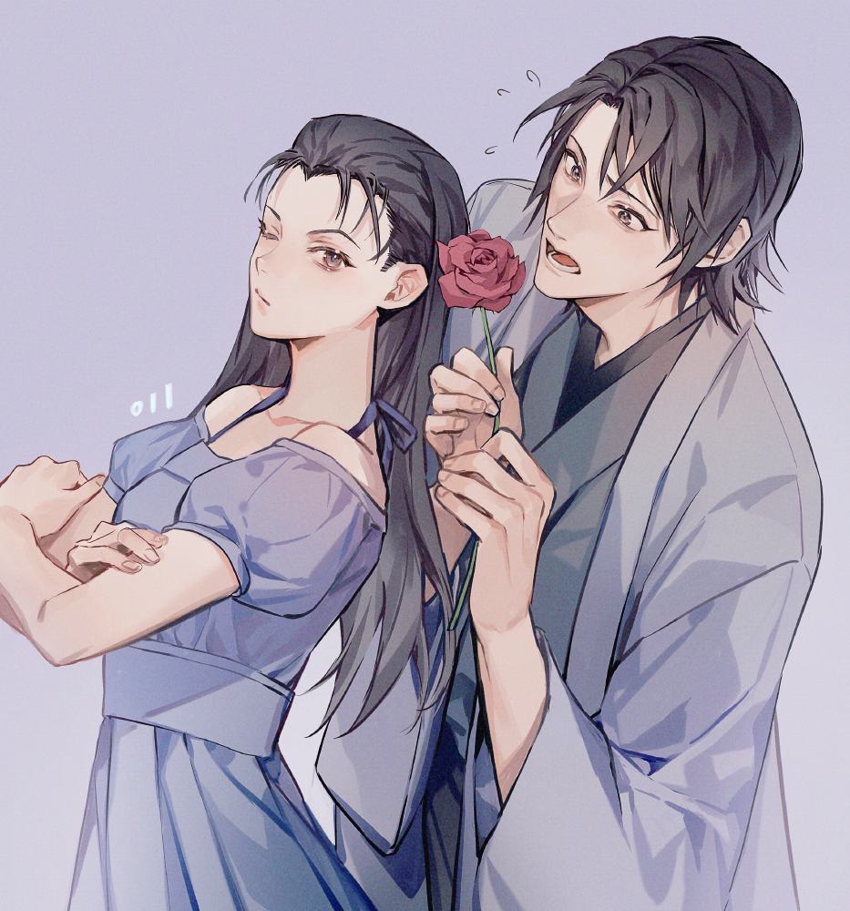 1boy, 1girl, black_hair, commentary_request, crossed_arms, dress, flower, flying_sweatdrops