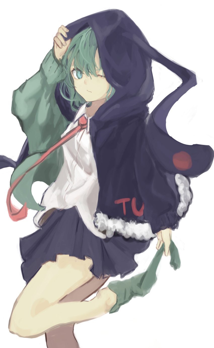 1girl, absurdres, aqua_eyes, aqua_jacket, aqua_socks, arm_up, as_(user_ykgt8787), black_jacket